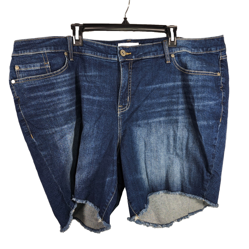 Torrid Womens 8 Inch Vintage Stretch Mid Rise Shorts Size 28 Blue Denim Fray Hem